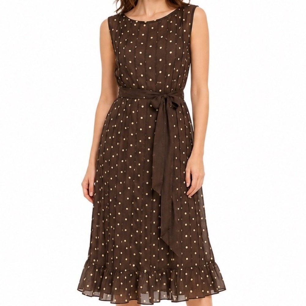 Vintage Polka Dot Midi Dress Brown Ruffled Chiffon Sheer Sandra Darren Academia